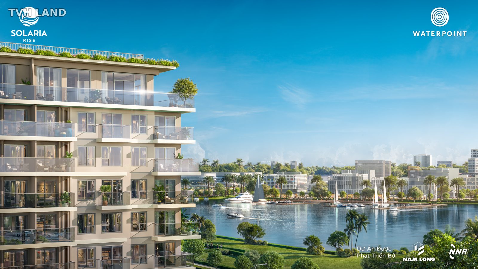 Mặt đứng tháp căn hộ Solaria Rise Waterpoint với ban công phủ xanh